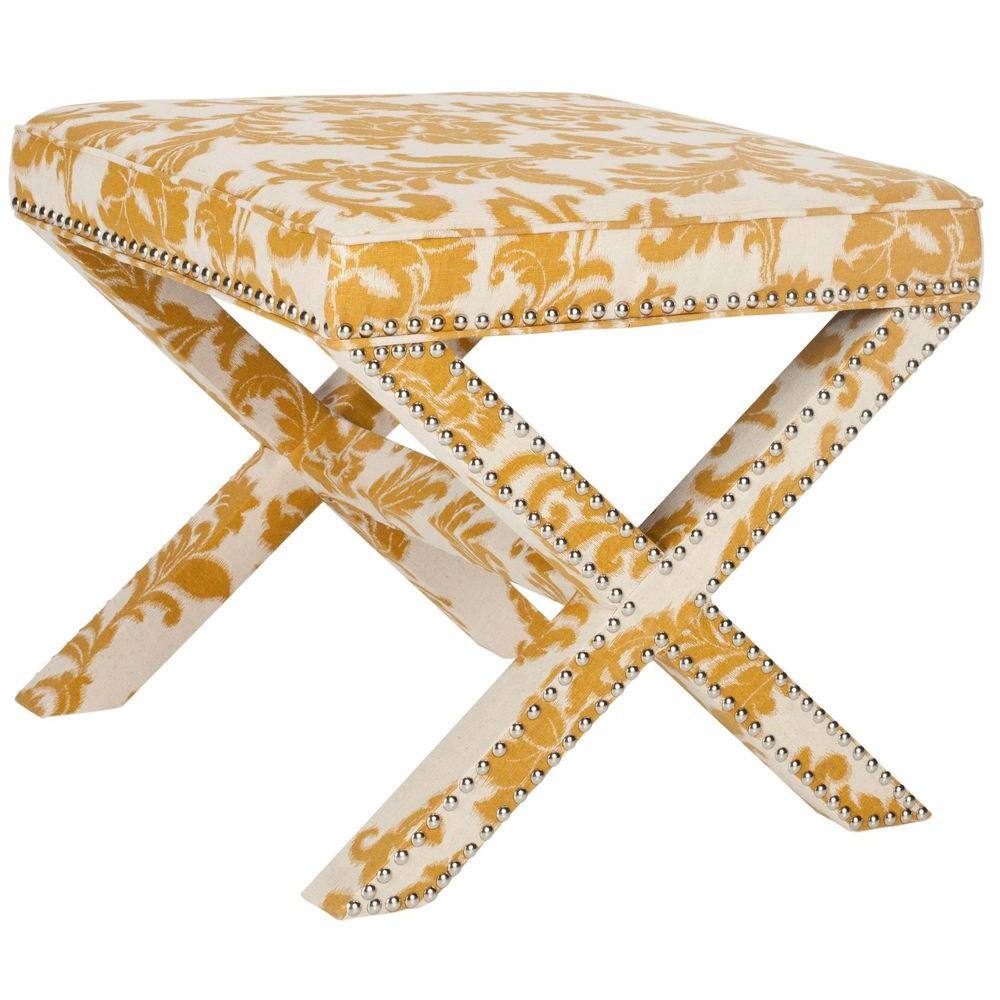 Maize and Beige Damask Pattern Upholstered Ottoman with Silver Nailhead Trim