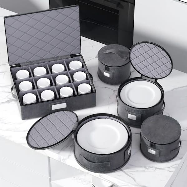 5 Piece Quilted Dustproof Zippered Linen China Storage Set, Hard Shell Dish Moving Container for Moving Dishes, Plate