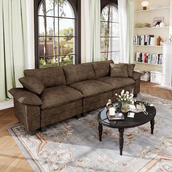 PHI VILLA 123.6 in. Flared Arm 3-Seat Chenille Modular Sectional Sofa in. Taupe with 3 Throw Pillows for Living Room