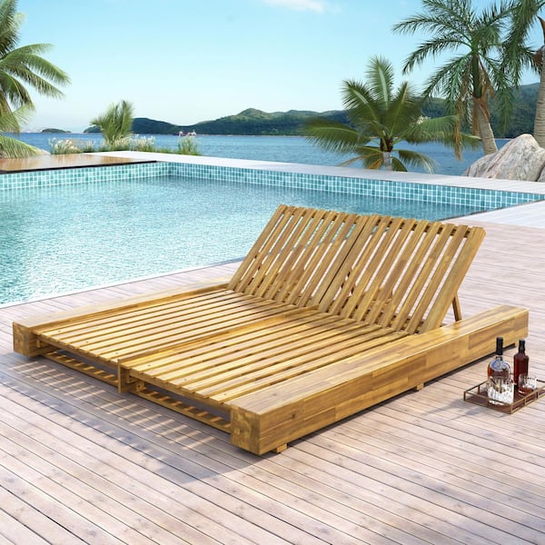 Yasir Teak Finish Solid Wood Patio Outdoor Double Chaise Lounge with 4-Position Adjustable Backrest