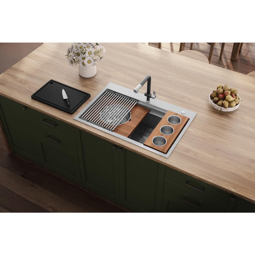 40-Inch Stainless Steel Workstation Sink with Three Bowls and Wood Platform