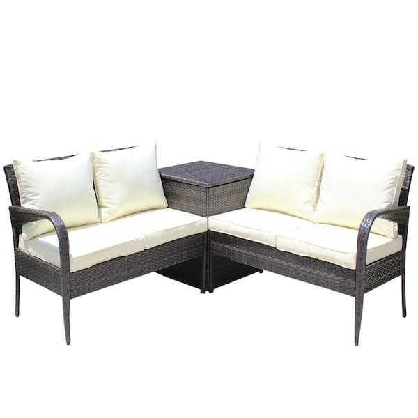 Angel Sar Patio Brown 3-Piece Wicker Outdoor Sectional Sofa Set with Beige Cushions and Brown Storage Box
