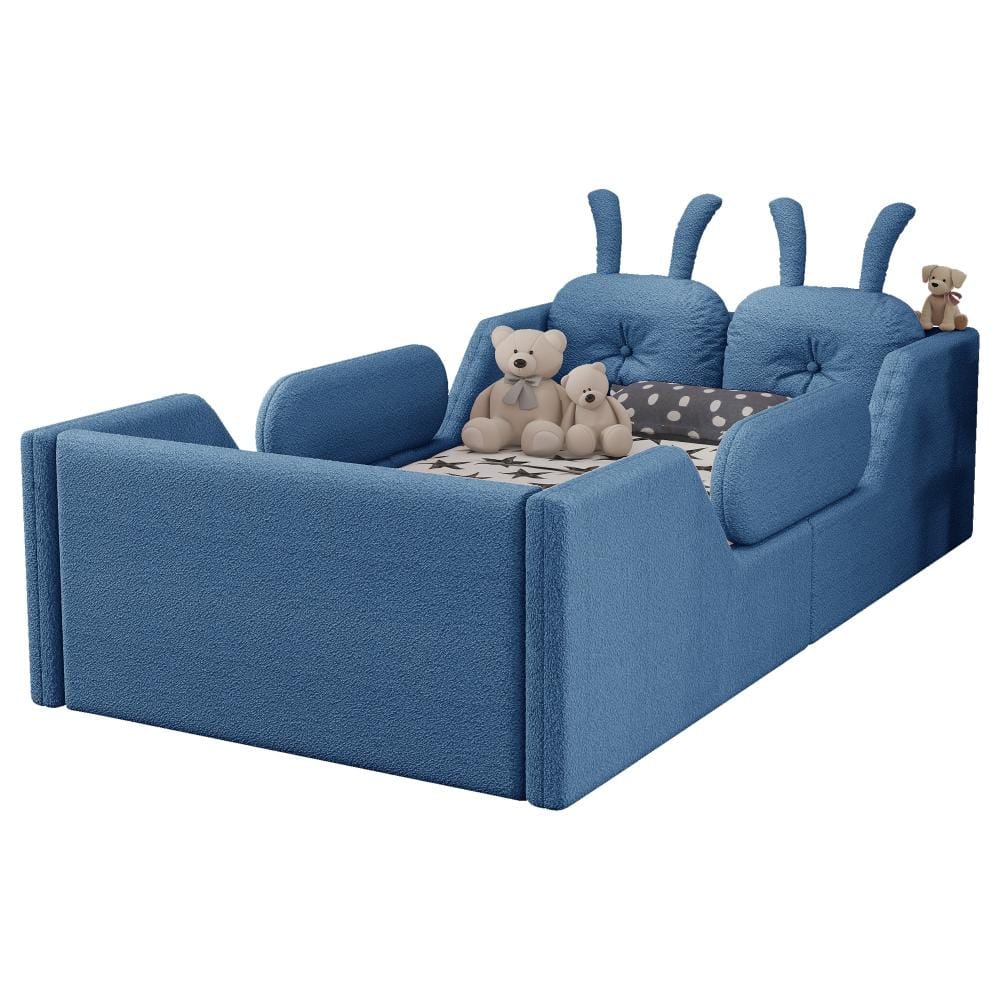 Blue Teddy Fabric Twin Platform Bed with Removable Side Rails and Rabbit Cushion durable construction