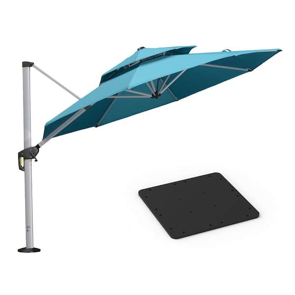 PURPLE LEAF 10 ft. Octagon High-Quality Aluminum Cantilever Polyester Outdoor Patio Umbrella with Base Plate, Turquoise Blue
