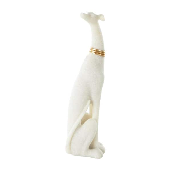4 in. x 15 in. Cream Polystone Sitting Dog Sculpture with Gold Collar