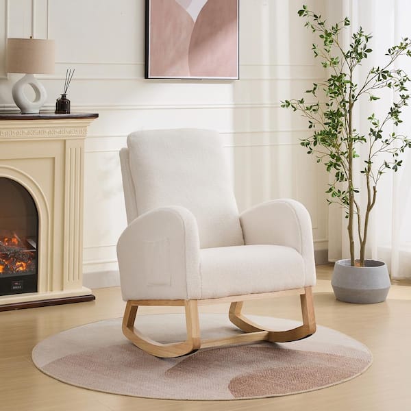 CSC DECOR INC Ivory Rocking Accent Armchair 27.2 in. W Rocking Chair for Nursery Sherpa Glider Chair with High Back and Side Pocket