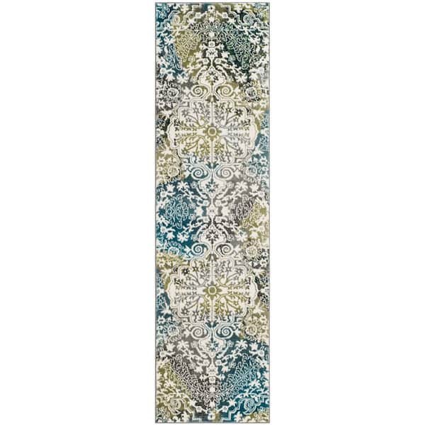Watercolor 2 ft. x 16 ft. Ivory/Peacock Blue Bohemian Floral Runner Rug