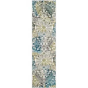 Watercolor Ivory/Peacock Blue 2 ft. x 6 ft. Floral Runner Rug