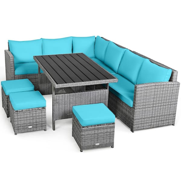 Gymax Outdoor Rattan Patio Corner Sectional Sofa Set Conversation Set with Turquoise Cushions (7-Pieces)