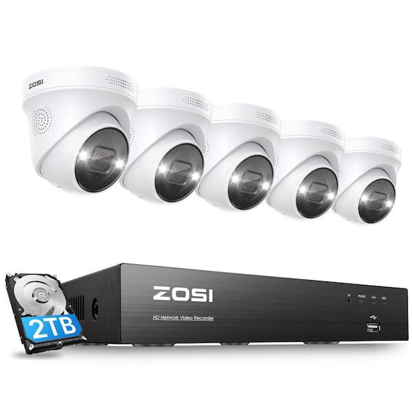 ZOSI 4K UHD 8-Channel 8MP 2TB PoE NVR Security Camera System with 5 Wired Spotlight Cameras, Color Night Vision, 2-Way Audio