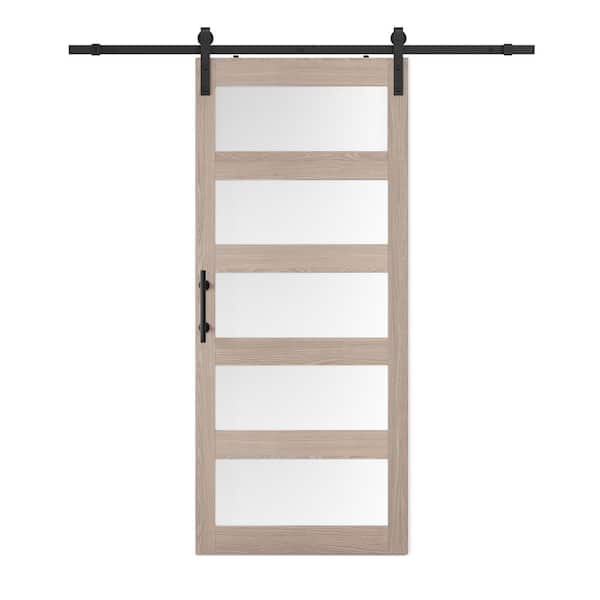 SOCBAZZAR 48 in. x 84 in. 5-Lite Tempered Frosted Glass Prefinished Light Oak MDF Sliding Barn Door with Hardware Kit