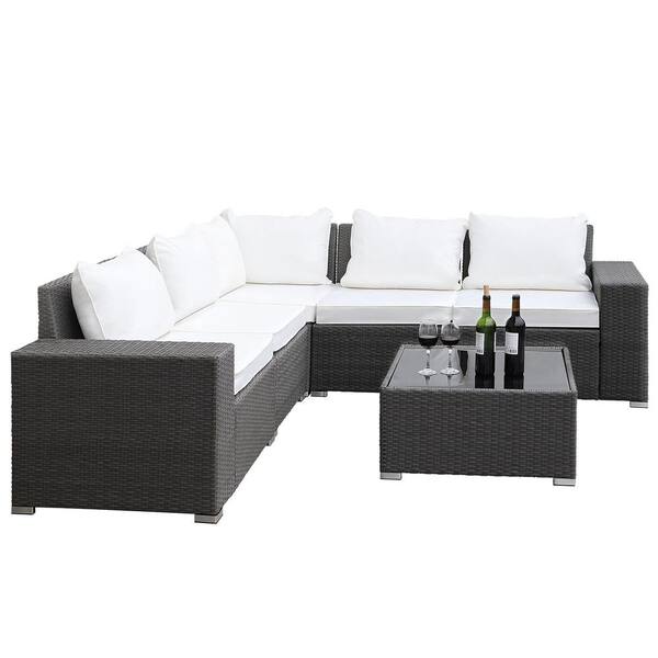 maocao hoom 6-Piece Gray Wicker Patio Conversation Set with White Cushions