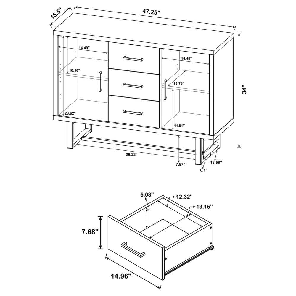 Gray and Weathered Oak 3-Drawer Accent Cabinet with Adjustable Shelving