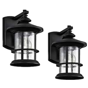 1-Light Textured Black E26 Downlight Outdoor Wall Lantern Sconce with Clear Glass Weathered
