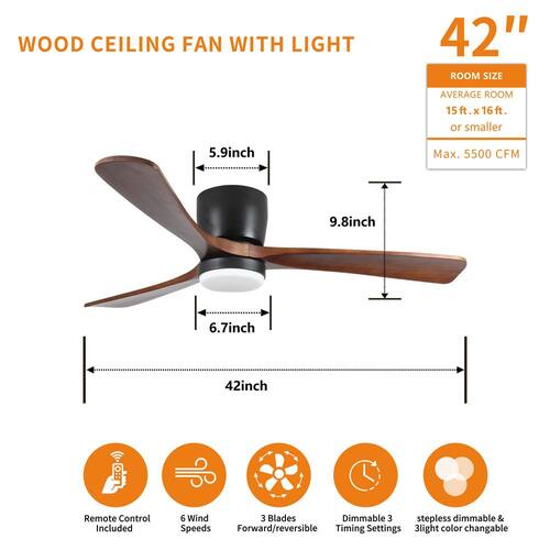 42 in. Integrated LED Modern Black Indoor Wood Ceiling Fan Light Flush Mount Low Profile for Bedroom Lighting