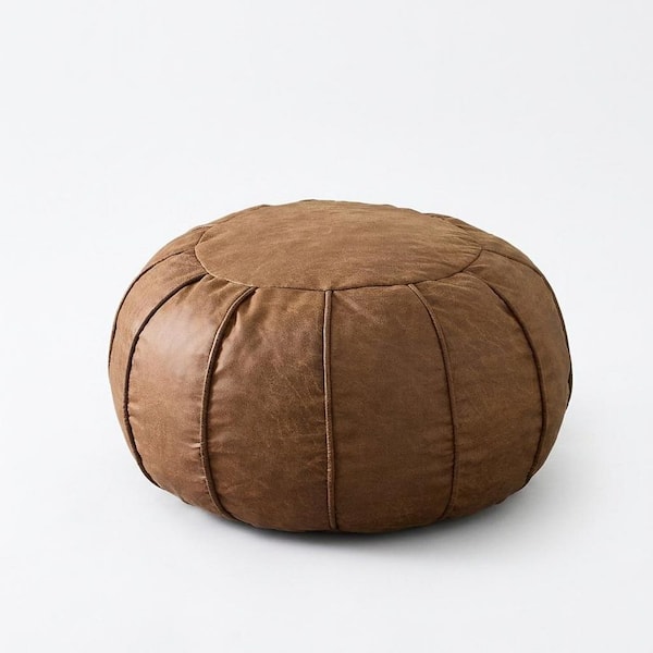 Chestnut Brown Faux Leather Round Pouf Cover Waterproof Handmade Ottoman Footstool Storage Indoor Balcony