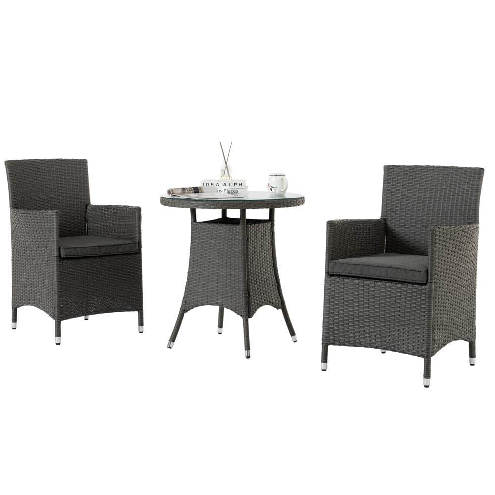 3-Piece Dark Gray All-Weather Wicker Outdoor Dining Set with Dark Gray Cushions, Round Tempered Glass Tabletop -  Tenleaf, FCBF13-217