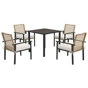 Beige 5-Piece Wicker Outdoor Dining Set with White Cushion