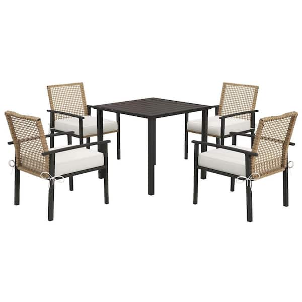 Outsunny Beige 5-Piece Wicker Outdoor Dining Set with White Cushion