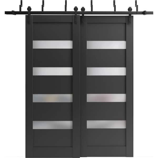 64 in. x 96 in. 2 Panel Frosted Glass Black Matte Wood Sliding Barn Door with Hardware Kit