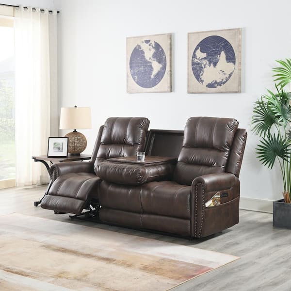 Montague Dual Power Headrest and Lumbar Support Reclining Sofa in Genuine  Brown Leather