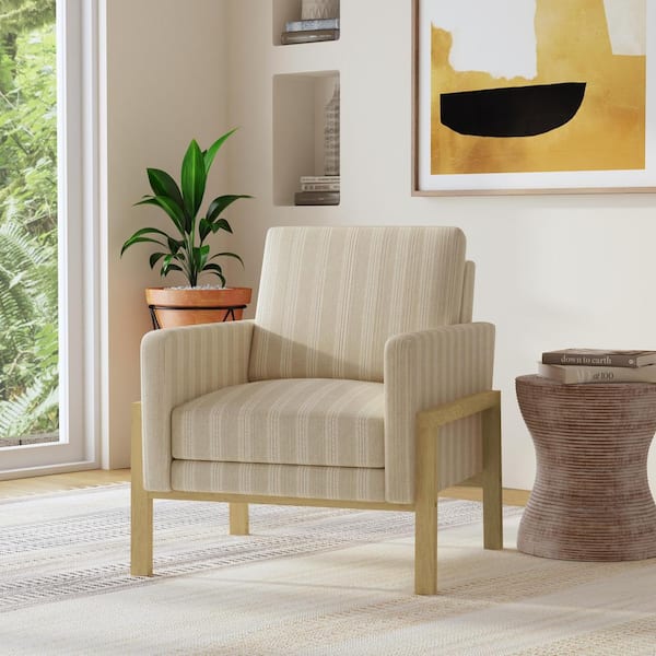 Tan Stripe Durable Polyester Upholstery Accent Chair with Wood Frame