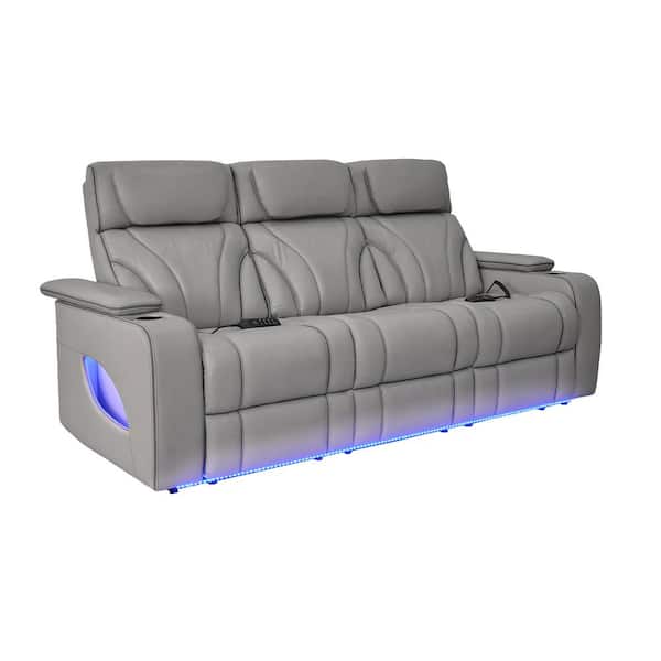 Armen Living Octavia 86 in. Straight Arm Leather Contemporary Power Reclining Sofa with Heat and Massage in Silver and Gray