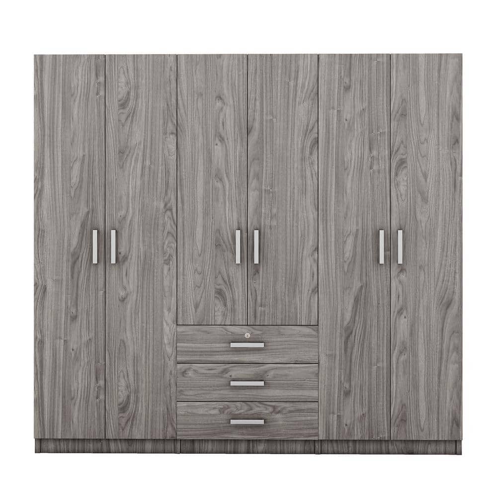 White Wood 70.9 in. 6-Door Wardrobe Armoire with 3-Drawers, 5-Storage Shelves and 3-Hanging Rails - thumbnail 6