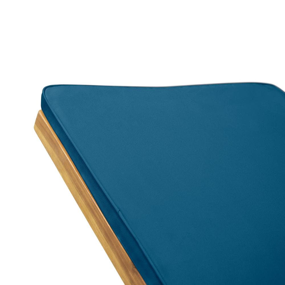Teak Brown Wood Chaise Lounge with Blue Cushions