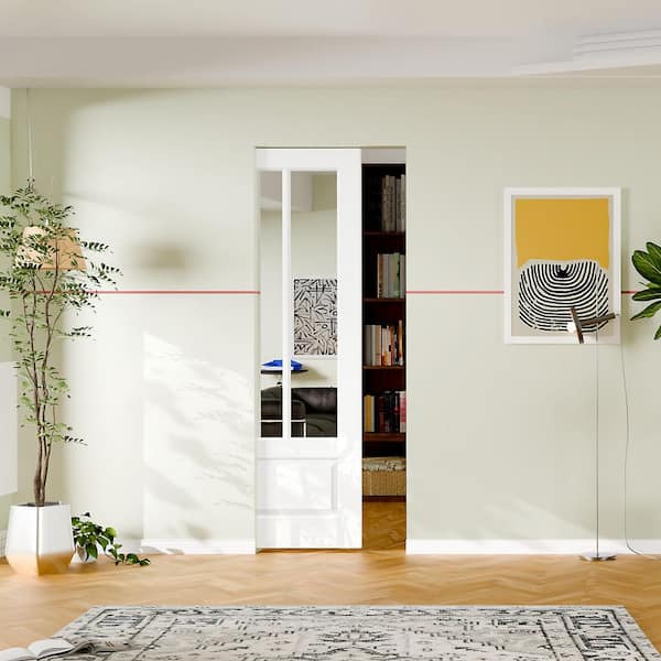 30 in. x 80 in. 2 Lite Mirrored Glass White Primed Solid Wood, Sliding Pocket Door with Soft Close, Frame and Hardware