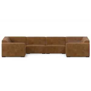 Rex 144 inch Straight Arm Genuine Leather U-Shaped Modular Sectional Sofa in. Caramel Brown