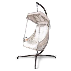 Beige Wicker Outdoor Basket Hanging Lounge Chair with White Cushion, Sunshade Cloth, Courtyard, Pillow