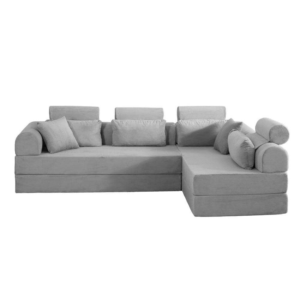 L-Shape Modular Sectional 106.3 in. Chaise 4-piece Corduroy Sofa Bed with Storage Sectional Sofa in Light Gray