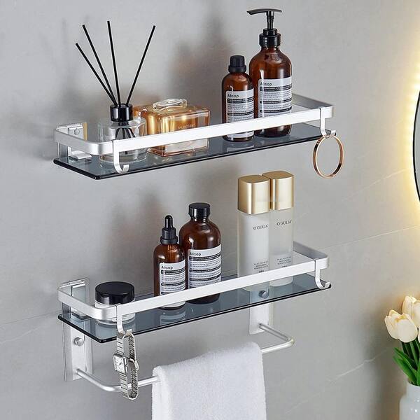 2-Piece 4.88 in. W x 5.85 in. H x 15.74 in. D Glass Rectangular Shower  Shelf in Silver with 4 Hooks, 1 with a Towel Bar