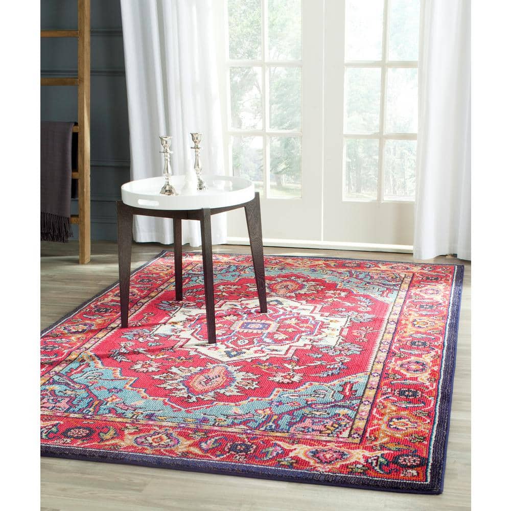 Red and Turquoise Floral Synthetic Area Rug