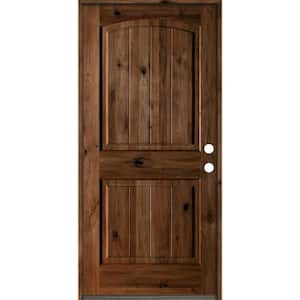 30 in. x 80 in. Rustic Knotty Alder Arch Top V-Grooved Provincial Stain Left-Hand Wood Single Prehung Front Door