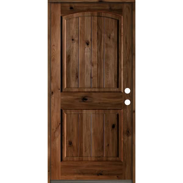 Krosswood Doors 30 in. x 80 in. Rustic Knotty Alder Arch Top V-Grooved Provincial Stain Left-Hand Wood Single Prehung Front Door