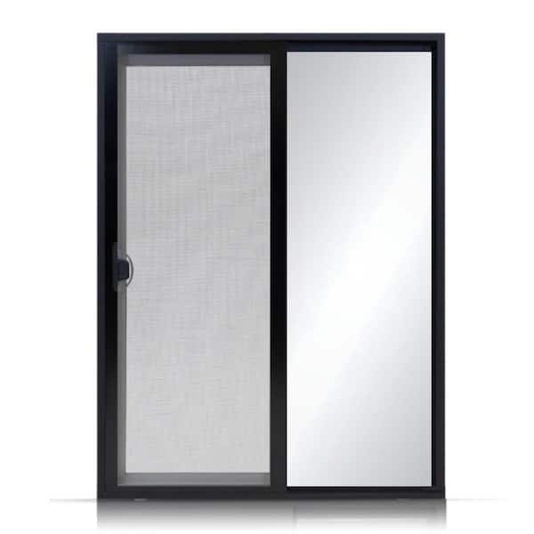 96 in. x 80 in. Black/White Reversible Vinyl Sliding Patio Door with Low-E Glass, Handle Set and Screen