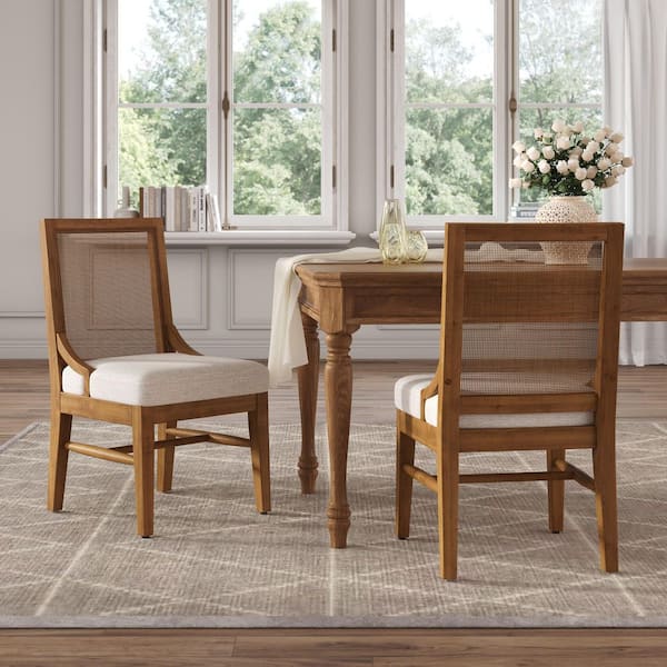 Olive Beige+Walnut Fabric Upholstered Dining Chairs with Natural Cane Back, Rubber Wood Legs (Set of 2)