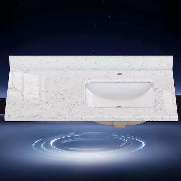 Cala 42 in. W x 22 in. D Cultured Marble Vanity Top White Rectangular Right Single Sink Bath Countertop in Carrara White