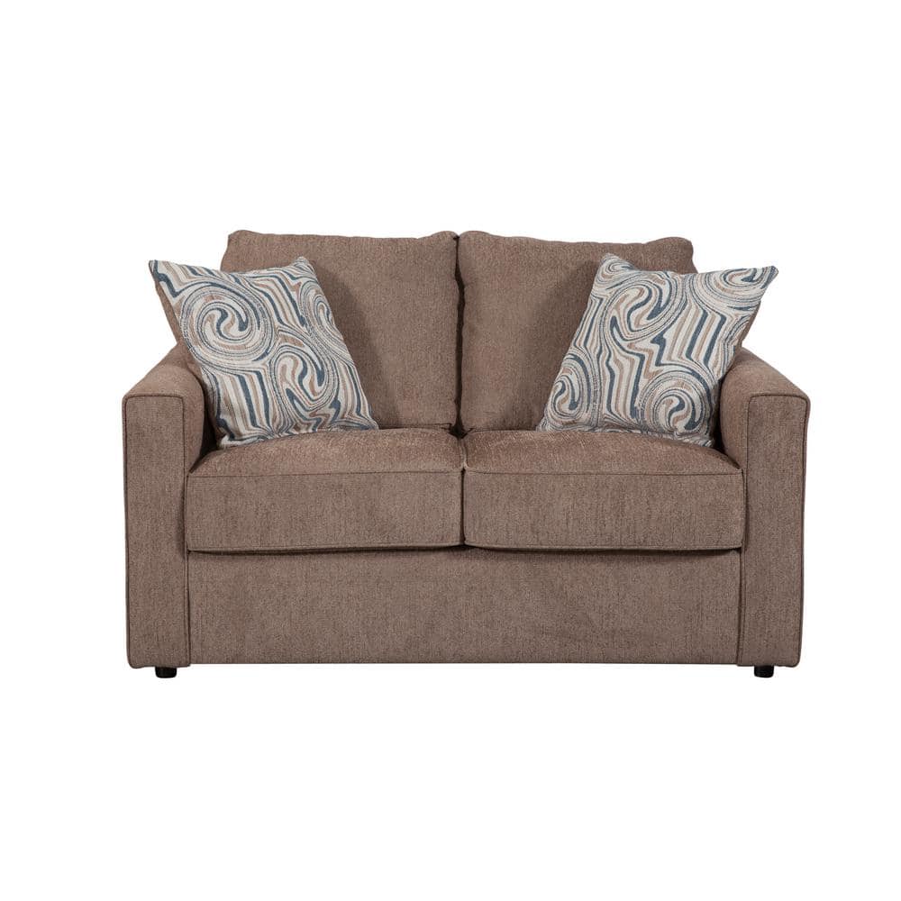 Latte Brown Chenille Fabric Loveseat with Track Arms and Throw Pillows