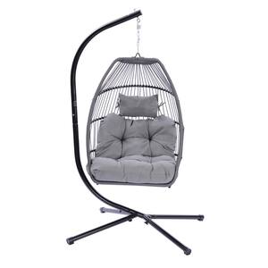 1-Person Black Metal Frame Patio Swing with Grey Rattan Basket and Grey Cushion and Pillow