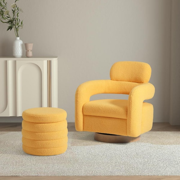 Bayville Modern 2-Piece Sherpa Swivel Accent Chair Set with Round Storage Footstool Ottoman in Sunset Gold