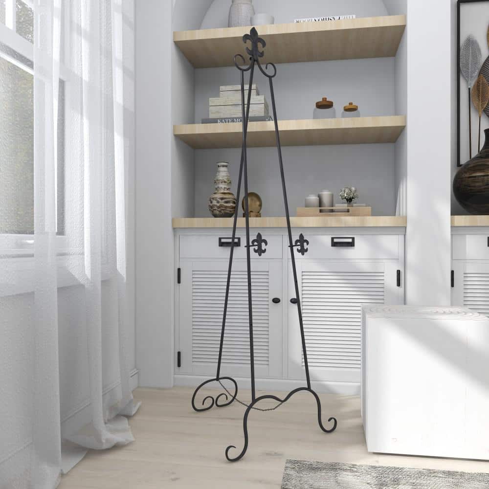 Black Iron Adjustable Floor Easel with Scroll Accents