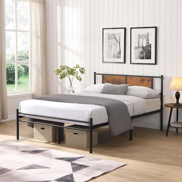 Black Metal Frame King Size Platform Bed with Wood Headboard Panel Decoration