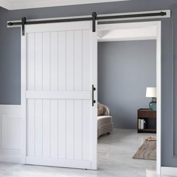 48 in. x 84 in. White Paneled H Shape Solid MDF Sliding Barn Door with Hardware Kit