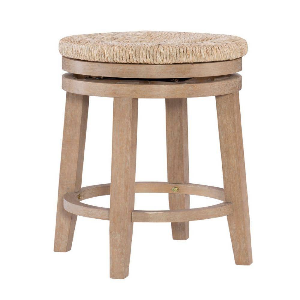 Benjara 25 in. Brown Backless Wooden Frame Wood Upholstered Swivel Counter Bar Stool with Seagrass Seat