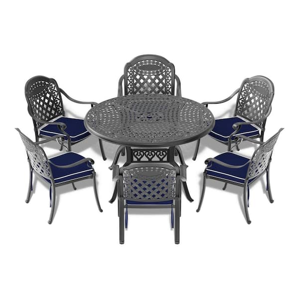 Runesay 7-Piece Set Of Cast Aluminum Patio Outdoor Dining Set with Random Colors Cushions and Black Frame