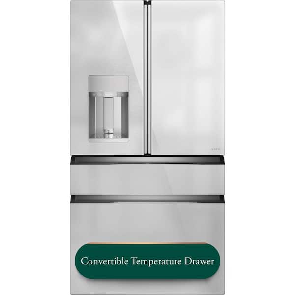 Cafe 27.8 cu. ft. Smart 4- Door French Door Refrigerator with Convertible Middle Drawer in Platinum Glass, Autofill Dispense