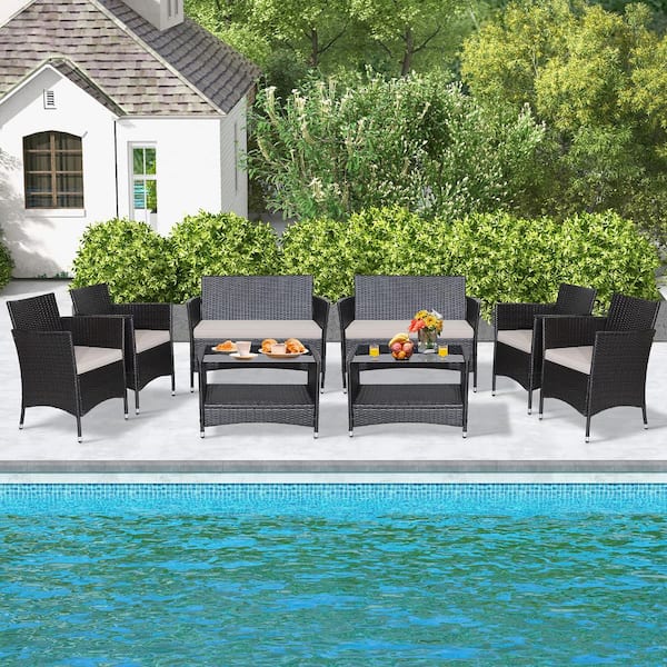 Gymax 8-Piece Outdoor Sofa Set Patio Rattan Wicker Conversation Set w/Coffee Table